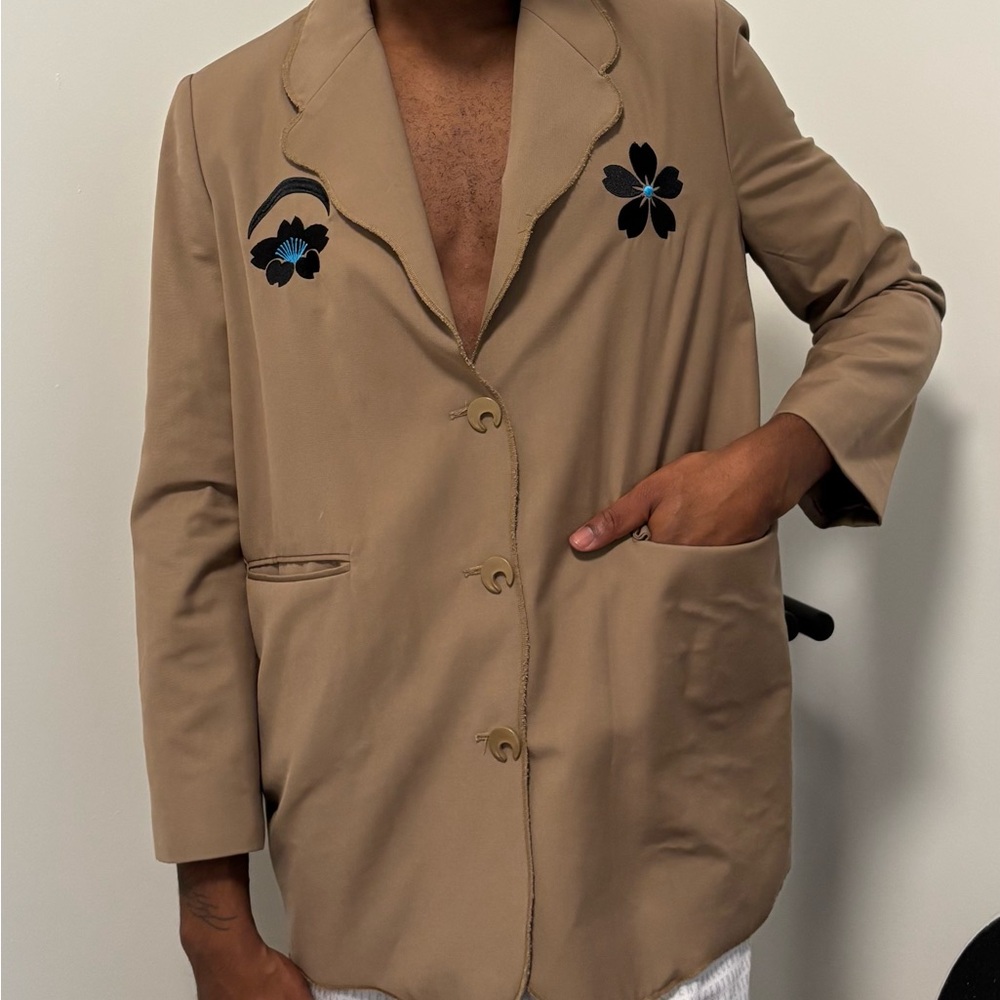 Tan Women's Blazer with Floral Embroidery